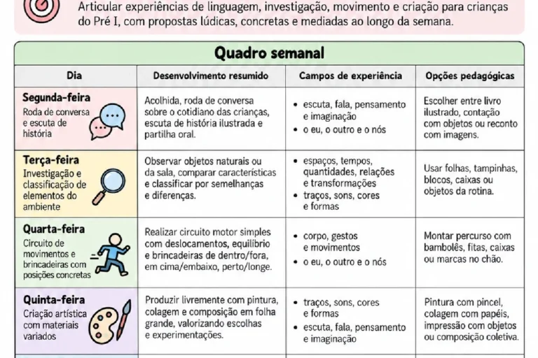 Plano semanal do Pré I de 5 a 9 de outubro de 2026 com visão geral das experiências de cada dia.