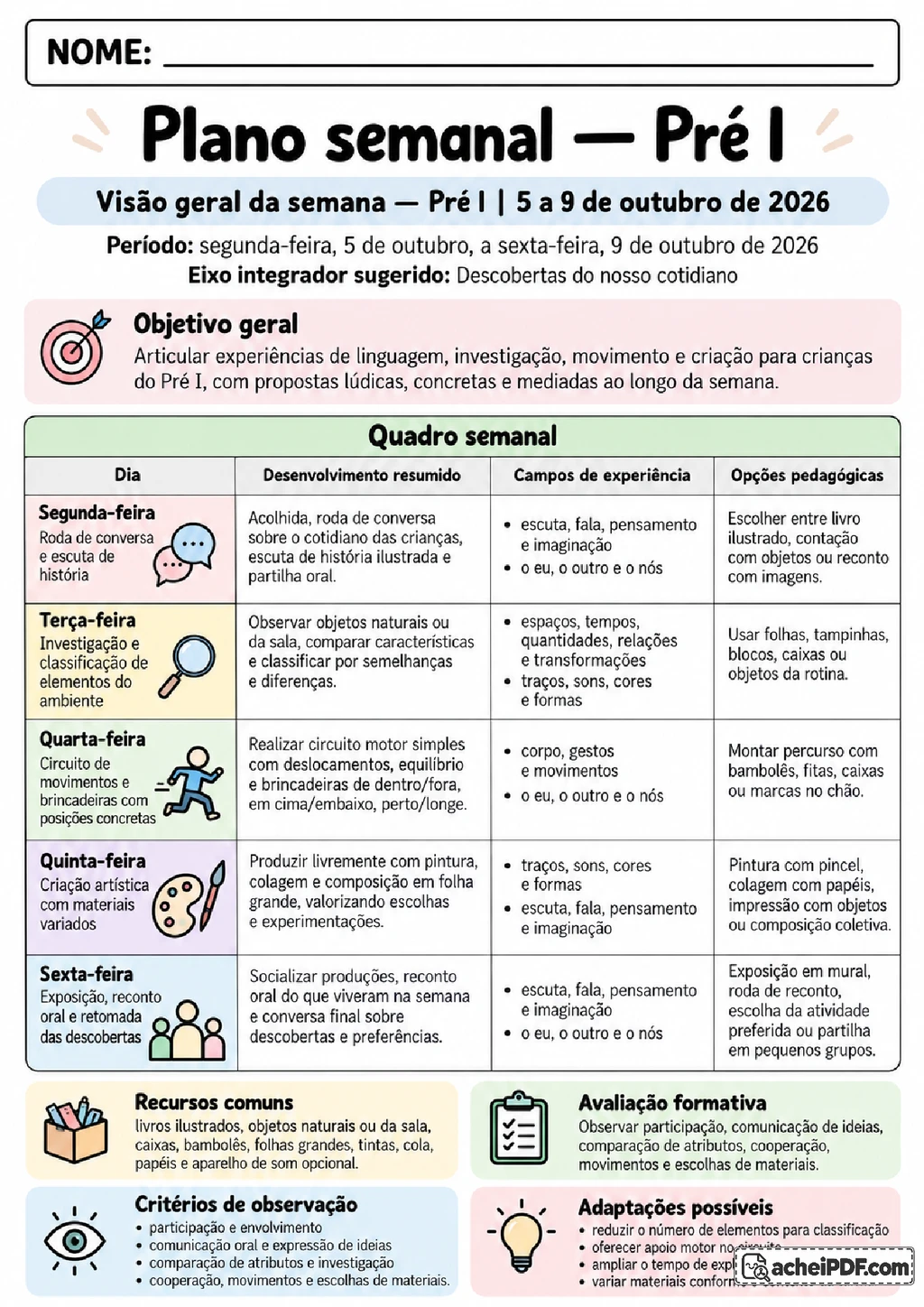 Plano Semanal para o Pré I: 5 a 9 de Outubro de 2026