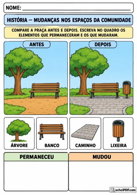 Atividade de História com imagens de uma praça antes e depois para identificar permanências e mudanças