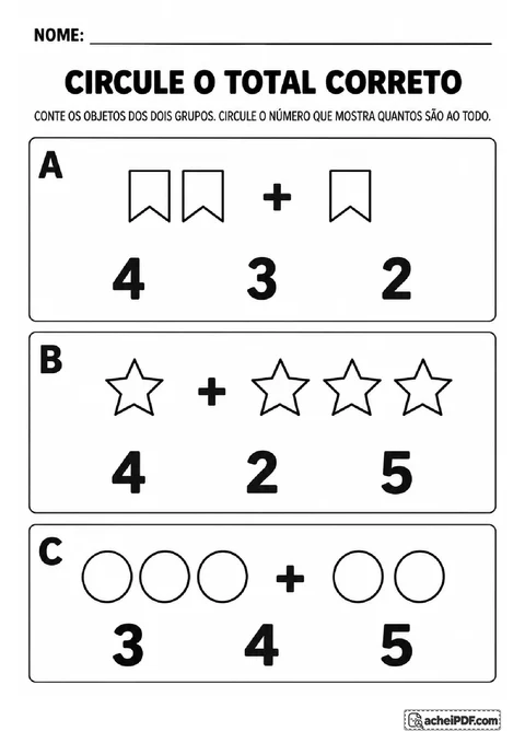 Bandeirinhas, estrelas e círculos divididos em dois grupos para contar e circular o numeral correto