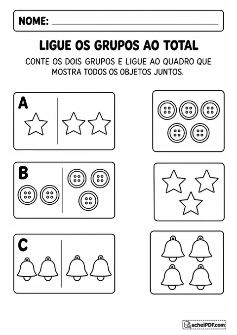 Pares de estrelas, botões e sinos para ligar cada agrupamento ao conjunto com a quantidade total
