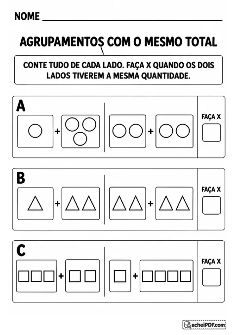 Agrupamentos de círculos, triângulos e quadrados para marcar quando dois conjuntos têm totais iguais