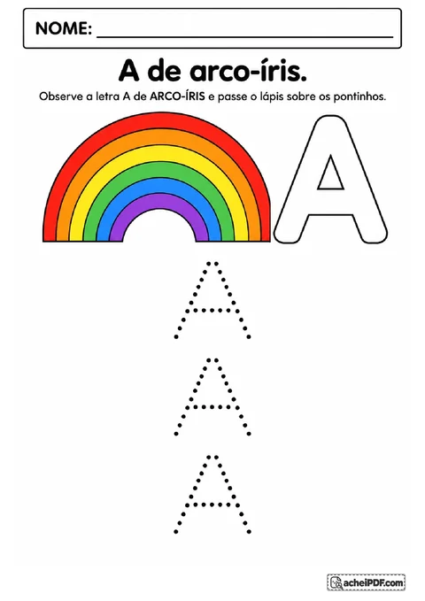 Arco-íris colorido e três letras A maiúsculas pontilhadas para acompanhar o traçado com lápis.