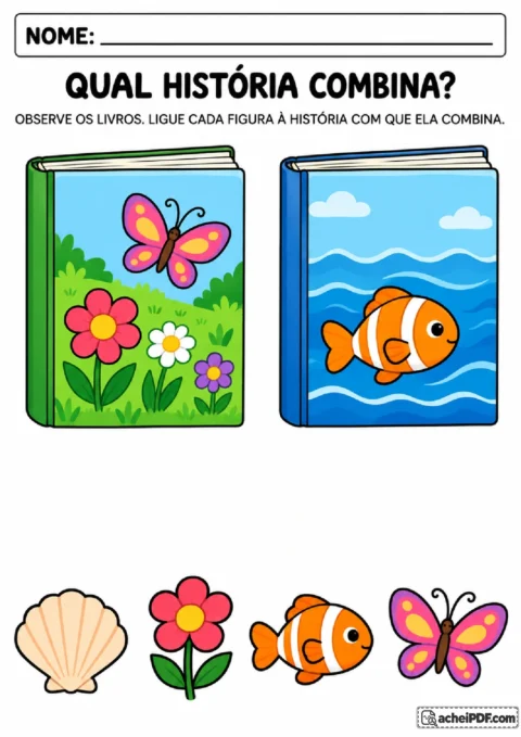 Livros ilustrados com jardim e mar para ligar concha, flor, peixe e borboleta à história correspondente