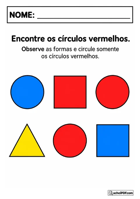 Círculos, quadrados e triângulos coloridos para identificar e circular somente os círculos vermelhos.