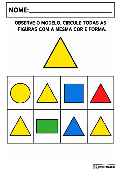 Painel com oito figuras geométricas coloridas para encontrar e circular todos os triângulos amarelos.