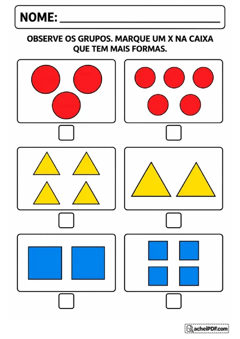Três comparações entre caixas com círculos, triângulos e quadrados para marcar o grupo com mais figuras.