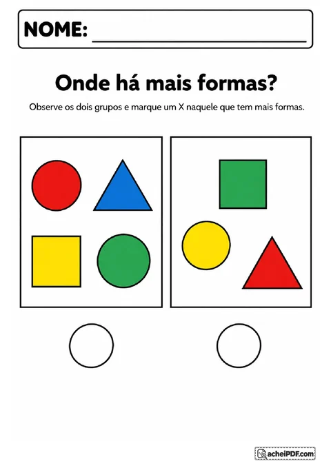 Duas caixas com quatro e três figuras geométricas coloridas para marcar o grupo com maior quantidade.