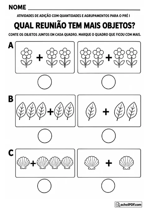 Coleções de flores, folhas e conchas para comparar as quantidades reunidas e marcar o maior total