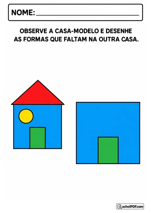 Casa-modelo com telhado triangular e janela circular para completar as formas ausentes em outra casa.