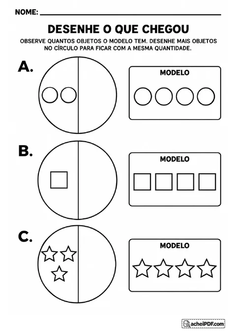 Bolinhas, quadradinhos e estrelas para desenhar os elementos que faltam até completar quatro objetos