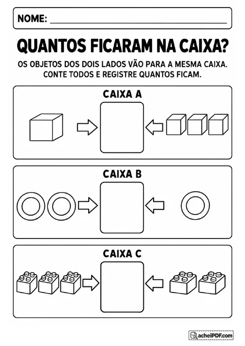 Cubos, argolas e peças de encaixe chegando de dois lados para contar e registrar o total nas caixas