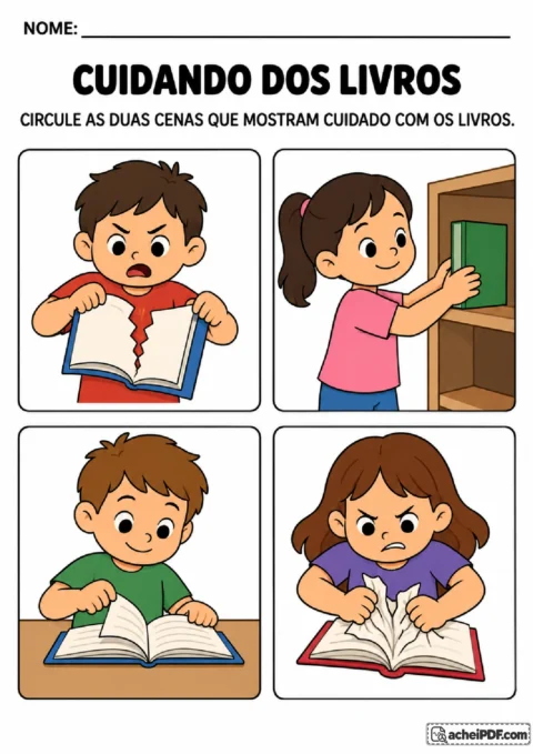 Quatro cenas de crianças manuseando livros para circular duas atitudes de cuidado com a leitura