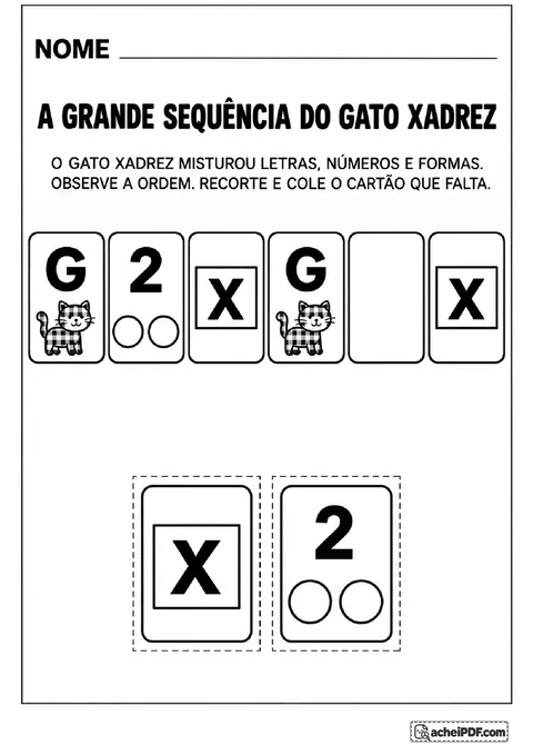 Cartões do Gato Xadrez com letras G e X, número 2 e formas geométricas para completar por colagem