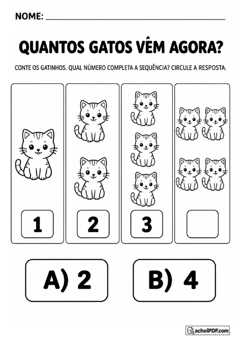 Conjuntos de um a quatro gatos com etiquetas numéricas para contar e circular o numeral ausente