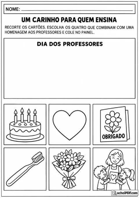 Painel do Dia dos Professores com cartões recortáveis de coração, agradecimento, flores e outras figuras