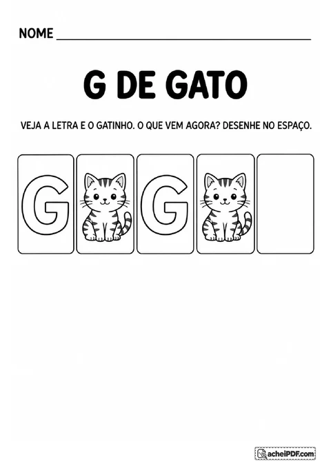 Cartões alternando a letra G maiúscula e o desenho do Gato Xadrez para completar a sequência