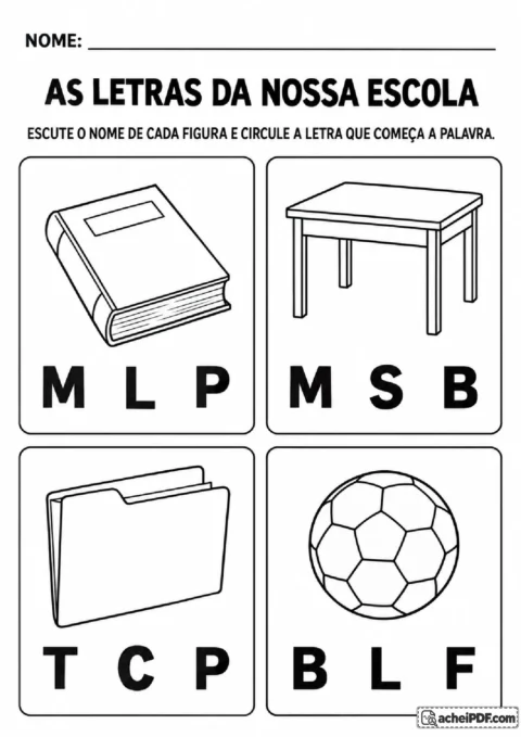 Figuras de livro, mesa, pasta e bola com alternativas de letras iniciais para circular após escutar os nomes