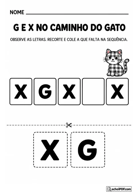 Sequência das letras maiúsculas X e G em cartões com espaço vazio e letras recortáveis para colagem