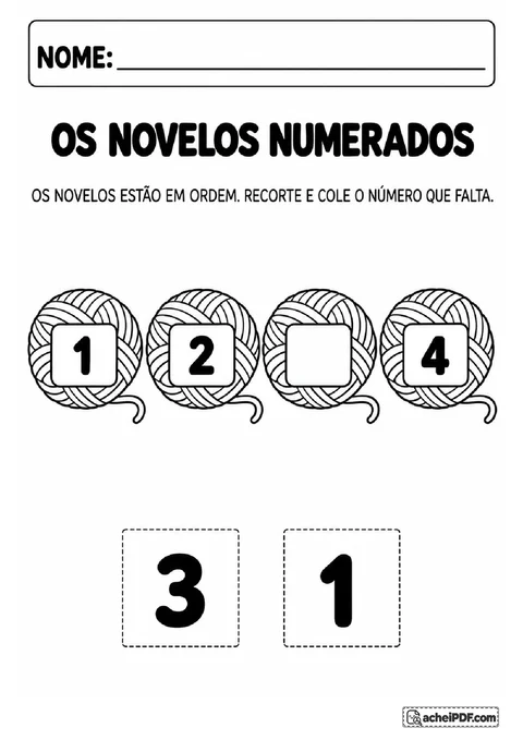 Novelos numerados de 1 a 4 com lacuna para recortar e colar o número que completa a ordem