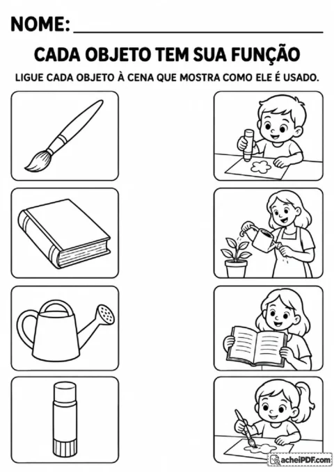 Pincel, livro, regador e cola em bastão para ligar às cenas escolares que mostram suas funções