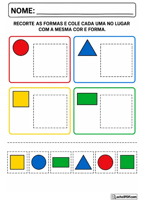 Peças recortáveis de formas geométricas coloridas para colar nos painéis que combinam em cor e forma.