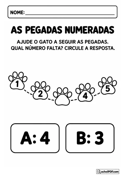 Trilha de cinco pegadas numeradas com uma posição vazia para identificar o número que falta