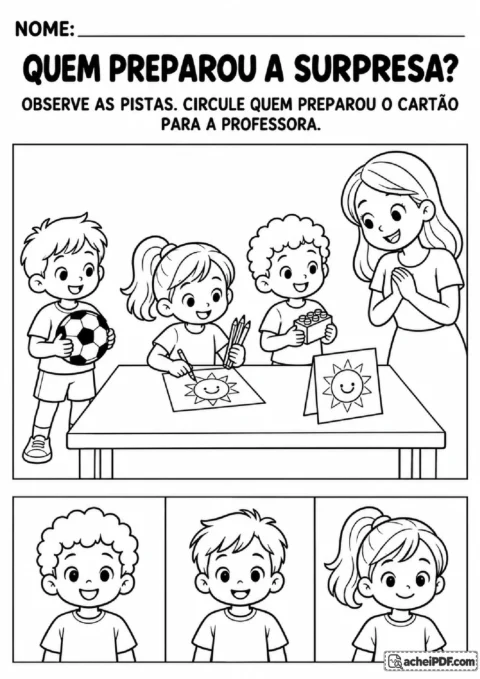 Cena de professora com cartão de sol sorridente e três crianças para descobrir quem preparou a surpresa