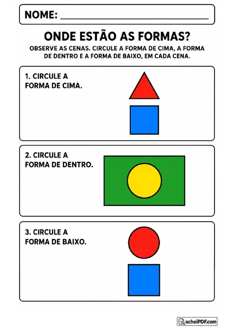 Três cenas com figuras geométricas para circular a forma de cima, a de dentro e a de baixo.