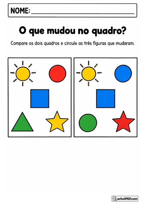 Dois quadros com sol, círculo, quadrado, triângulo e estrela para descobrir três diferenças visuais.