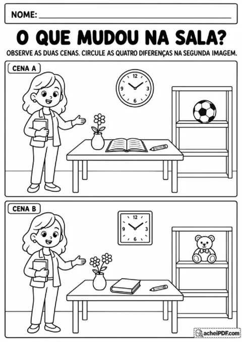 Duas cenas de sala de aula para encontrar quatro diferenças em flores, livro, relógio e brinquedo