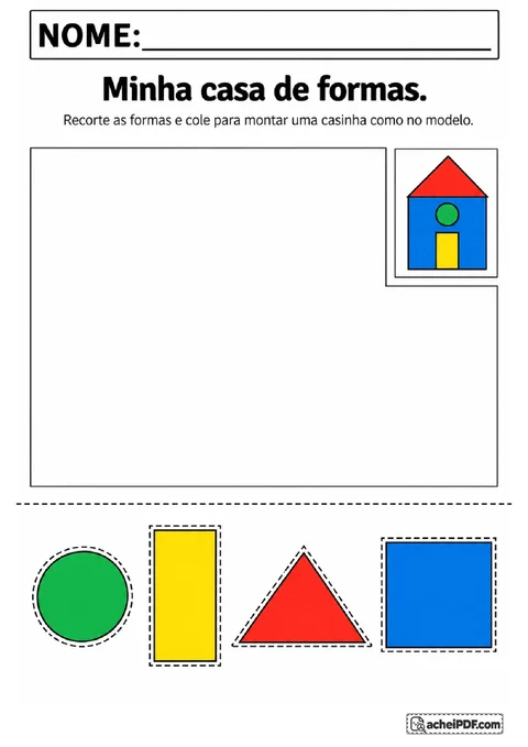 Peças de círculo, retângulo, triângulo e quadrado para recortar e montar uma casinha colorida.