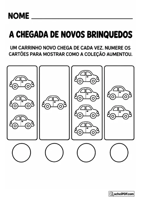 Cartões com um a quatro carrinhos para ordenar o crescimento da coleção a cada novo brinquedo