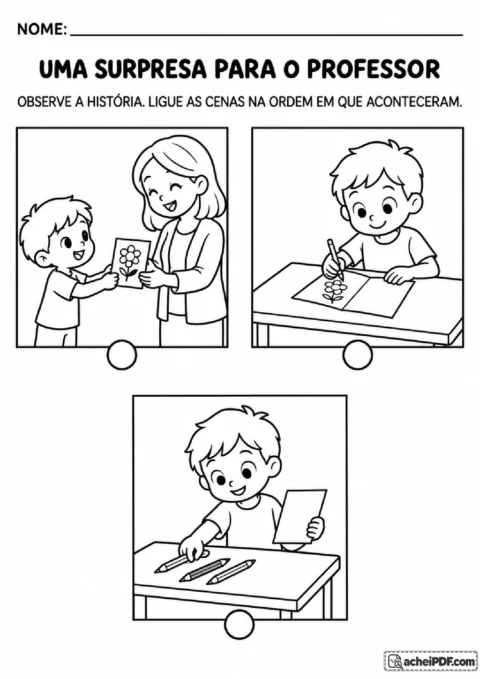 Três cenas para ordenar a preparação, o desenho e a entrega de um cartão de homenagem à professora