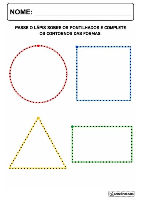 Contornos pontilhados de círculo vermelho, quadrado azul, triângulo amarelo e retângulo verde para traçar.
