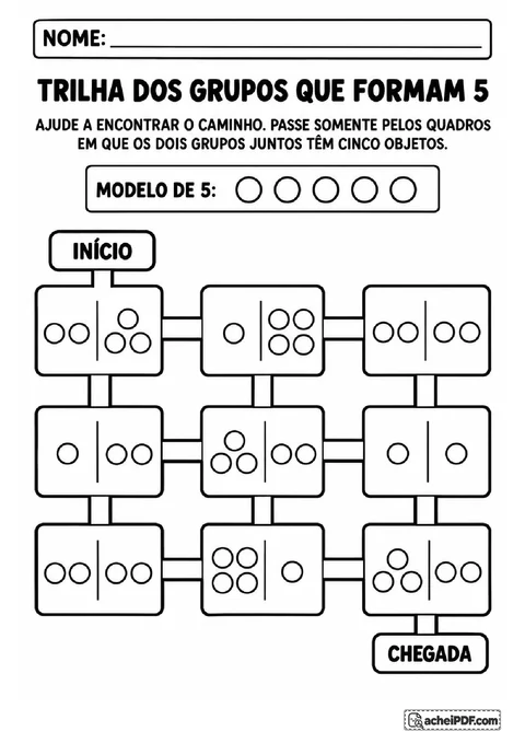 Trilha de agrupamentos com pares de círculos para seguir apenas os quadros que formam cinco objetos