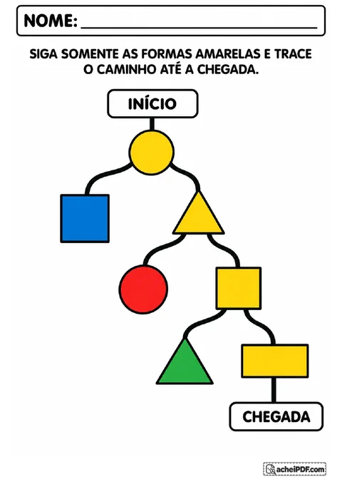 Trilha de círculos, triângulos, quadrados e retângulos coloridos para traçar um caminho pelas formas amarelas.