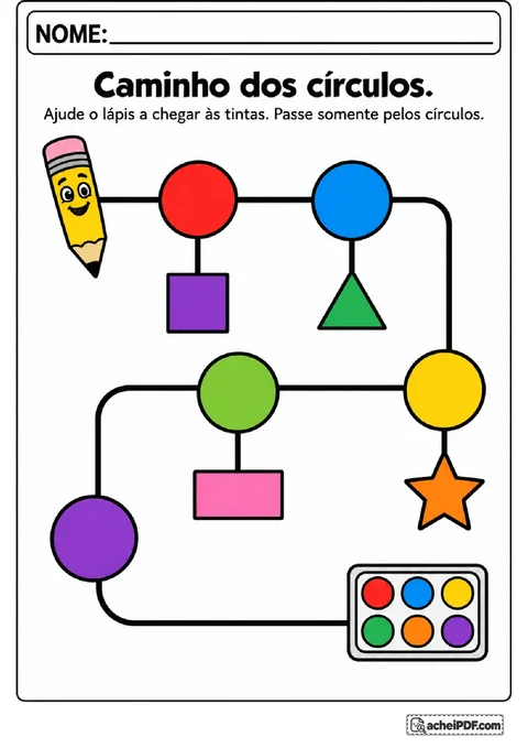 Trilha com círculos coloridos para conduzir um lápis sorridente até uma caixa de tintas.