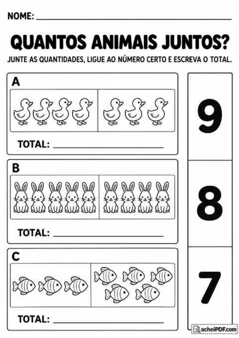 Grupos de patinhos, coelhinhos e peixinhos para ligar cada conjunto ao numeral correspondente e escrever o total