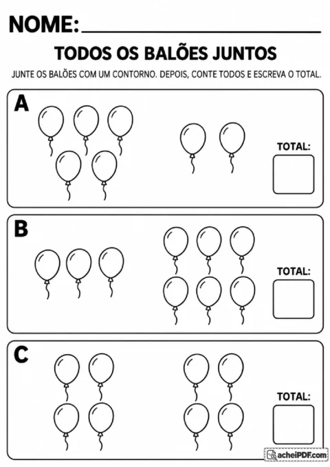 Pares de grupos de balões para contornar todos os desenhos reunidos e escrever a quantidade encontrada