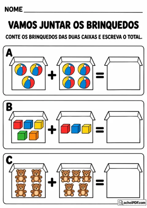 Caixas com bolas, blocos e ursinhos para contar os brinquedos de cada par de caixas e registrar a soma
