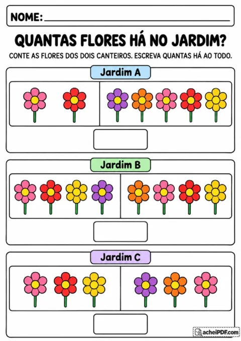 Dois canteiros com flores para contar as plantas dos dois lados e escrever quantas existem ao todo