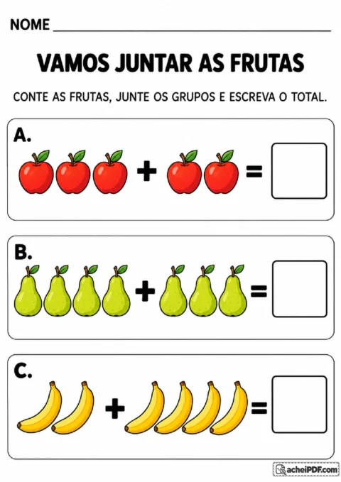 Grupos de maçãs, peras e bananas para juntar as frutas e escrever a quantidade total em cada situação