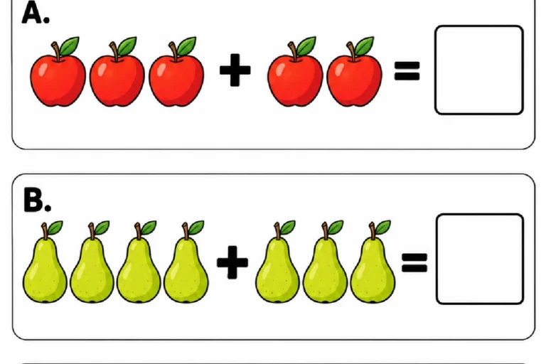 Grupos de maçãs, peras e bananas para juntar as frutas e escrever a quantidade total em cada situação