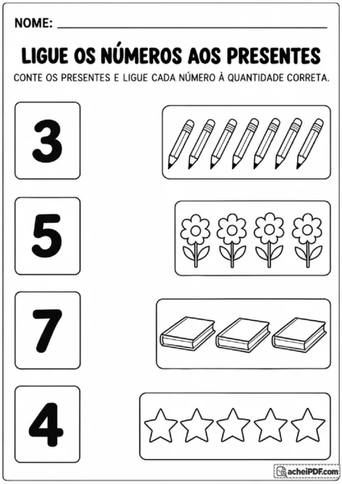 Numerais 3, 5, 7 e 4 para ligar a conjuntos de lápis, flores, livros e estrelas com quantidades correspondentes