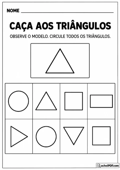 Caça aos triângulos entre círculos, quadrados e retângulos em atividade de formas geométricas