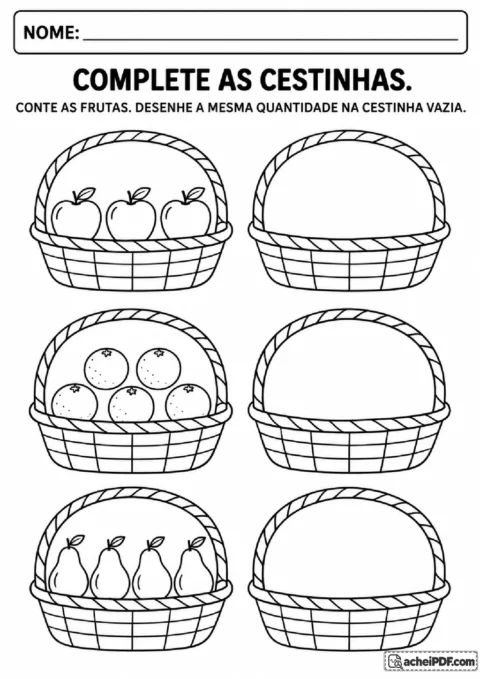 Cestinhas com maçãs, laranjas e peras para contar e desenhar quantidades iguais