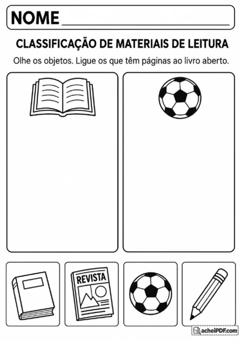 Imagens de livro, revista, bola e lápis para classificar objetos que têm páginas