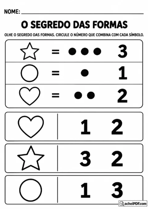 Código visual com estrela, círculo e coração para relacionar símbolos a números de um a três