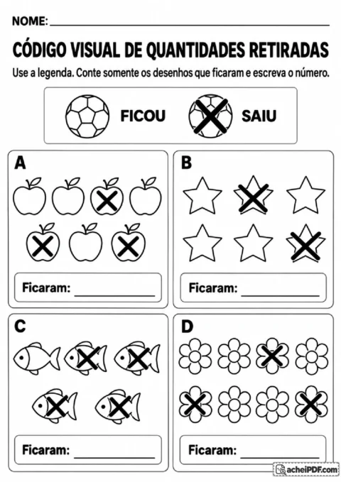 Legenda de desenhos riscados e não riscados com maçãs, estrelas, peixes e flores para contar os que ficaram